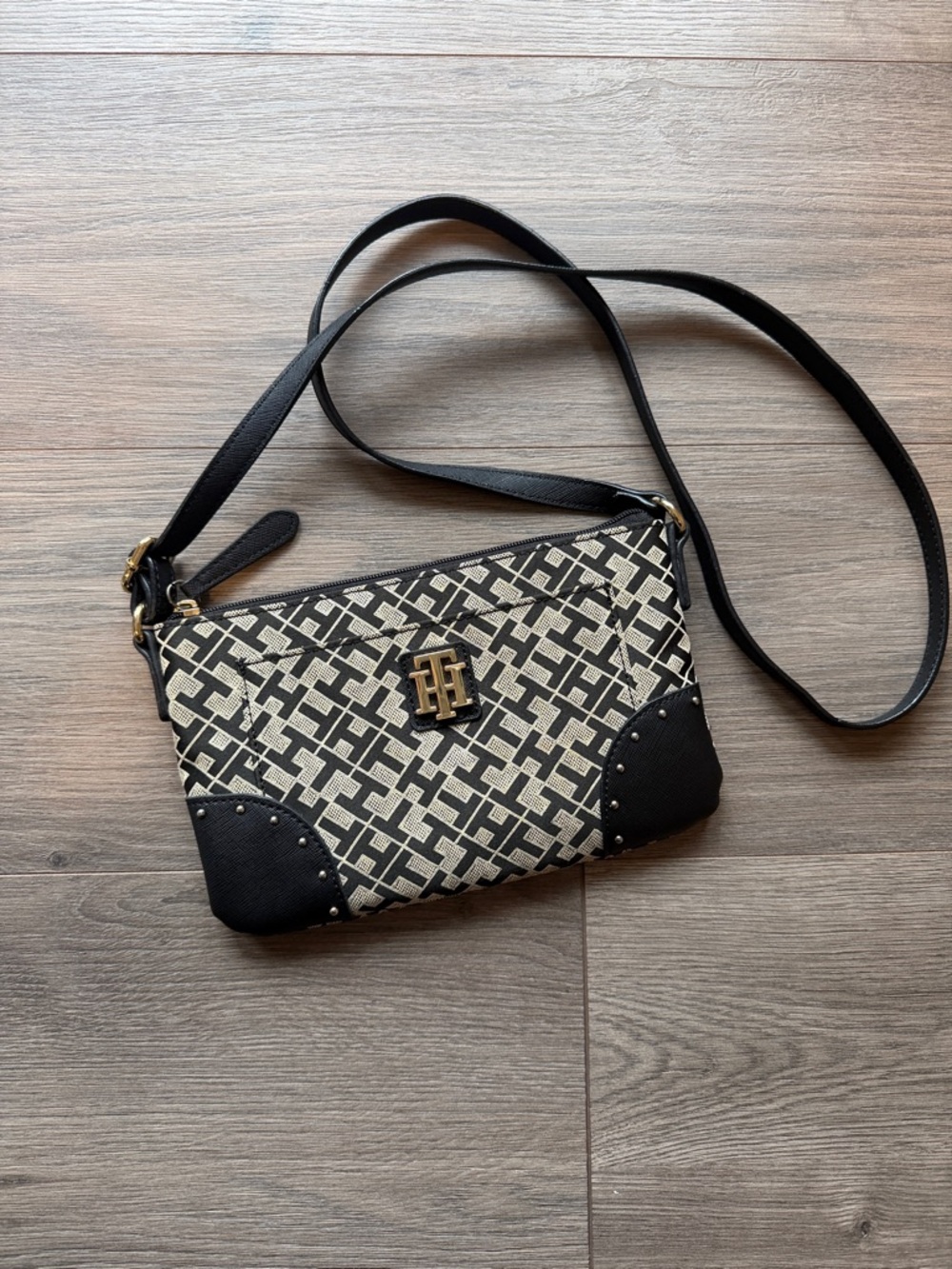 Tommy Hilfiger Black & Cream Monogram Crossbody with Gold Logo